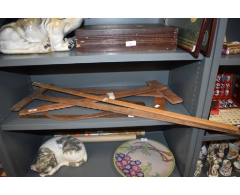 A selection of measuring and marking tools including large callipers