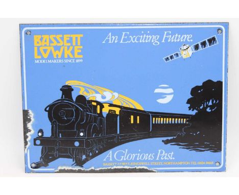 Original Bassett-Lowke enamel sign, 23cm by 31cm, 'An Exciting Future A Glorious Past' made c1970s
