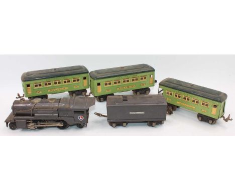 Lionel 0 gauge items:- grey 2-4-2 electric loco and tender no. 259E with 3 light green and cream Pullman bogie coaches, 2 x n