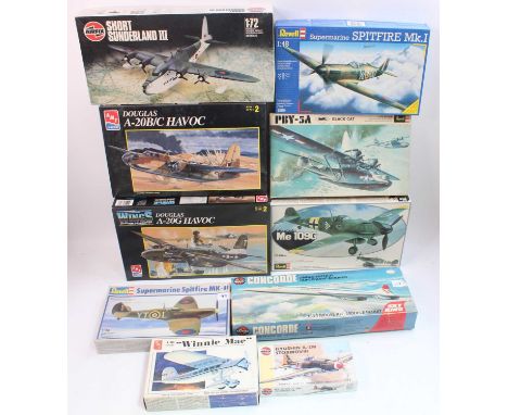 A group of 10 plastic aircraft kits in 1:48th scale by various makers including, A.M.T. x 3,  Revell x 4, Airfix x 3 all seem