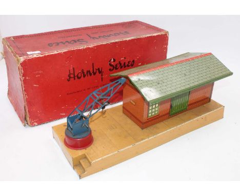 1930-3 Hornby goods platform no.2 yellow/cream platform, tinprinted building, blue crane with red base, couple of breaks in c