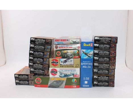 One box containing 24 various mixed scale plastic and resin military figure and vehicles kits, to include Airfix, Revell etc,