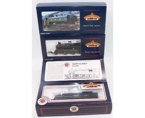Three various boxed Bachmann locomotives to include No. 31-450B Push-pull Ivatt tank No. 41281 loco, No. 32-202A Pannier tank