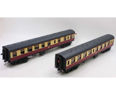 A pair of Gauge 1 MK1 Crimson and Cream Passenger Coaches, appear to be made from kits, electrical fittings for light operati