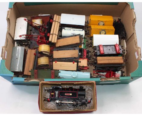 Large tray of 28 Hornby wagons with a type 40 loco overpainted renumbered and renamed. Wagons, a mixture but including timber