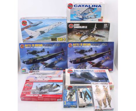 One box containing a quantity of various mixed scale boxed plastic kits to include mixed aircraft and military figures, examp