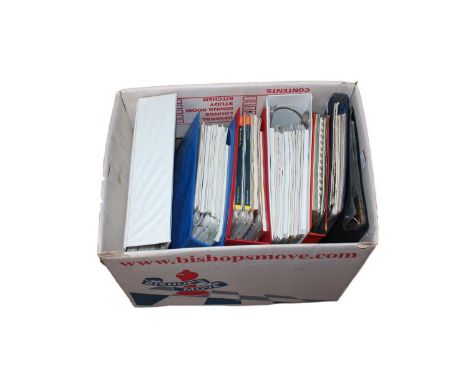 Large box containing huge quantity of catalogues etc from Bachmann, Hornby, Mainline, Airfix and a folder of miscellaneous ma