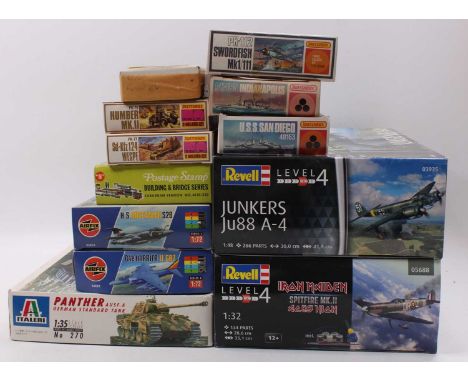 One box containing a quantity of mainly 1:72 scale plastic military vehicle and aircraft kits, all appear as issued, to inclu