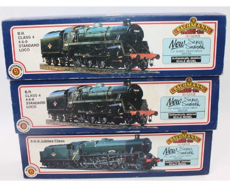 A Bachmann boxed locomotive group, three examples to include No. 31-103 BR Class 4 No. 75020 locomotive and tender, No. 31-10