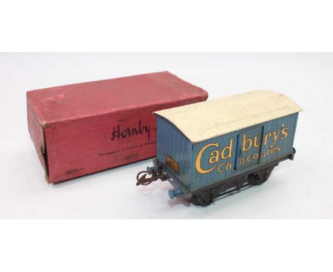 1932-3 Hornby Cadbury's chocolate van, black standard base, blue body, serif letters, white roof, very slight discoloration a