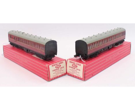 Hornby Dublo 4083 and 4084 maroon suburban coaches 1st/2nd and br/2nd, minor areas of light corrosion (VG-BE)
