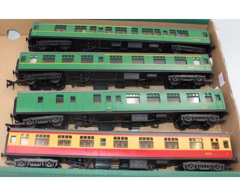 Four Lima BR outline coaches 2 x 534257 green; one S1297 green and one 15218 maroon and cream, all (E)