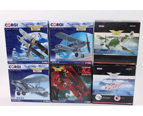 Two boxes containing a quantity of Corgi Aviation Archive, Corgi Fighting Machines, and various other similar diecasts by Ame