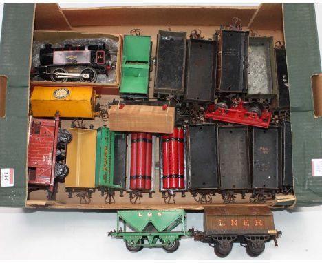 Large tray of Hornby wagons with a type 40 tank loco "Lion Holding Wheel" (F-BG), 18 x open wagons, 2 x goods brakes, 2 x cem