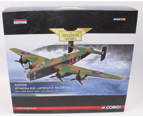 A Corgi Aviation Archive model No. AA37202 1/72 scale model of an HP Halifax B.3 as stationed in Burn 1944, boxed