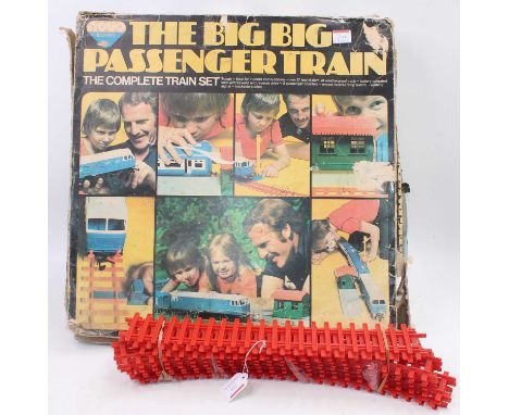 Big Big passenger train set comprising blue diesel engine, two blue/white coaches and accessories.  Also a bundle of track, a