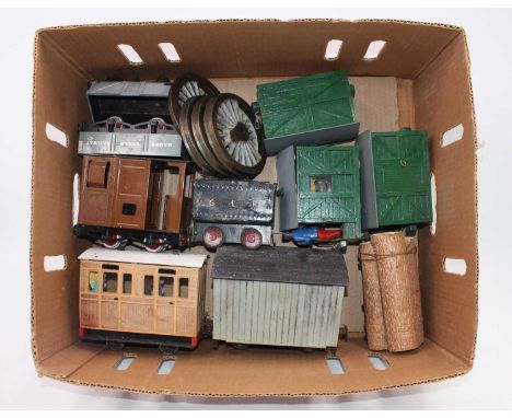 Two boxes containing a quantity of mixed mainly garden scale and SM-32 narrow gauge scale railway items and accessories, to i