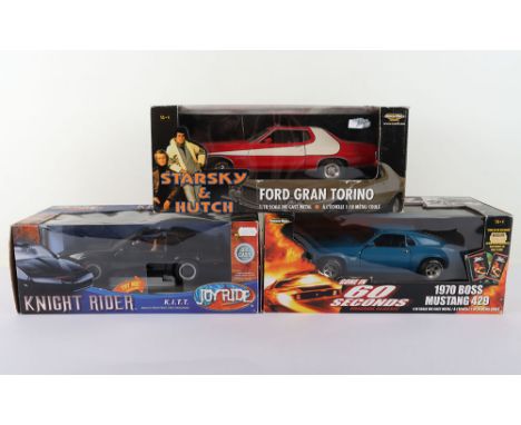 Three TV Film related 1:18 Scale Die Cast Metal Cars boxed, including Ford Gran Torino 1:18 Scale Die Cast Metal Starsky and 