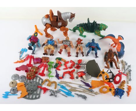 Vintage 80s Masters of the Universe Motu action figures, weapons, accessories, vehicle and playset parts, Mattel, including, 