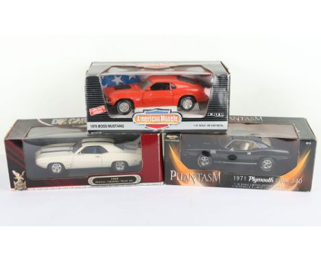 Three 1:18 Scale Die Cast Metal Cars boxed, Including American Muscle 1970 Boss Mustang Ertl, 1969 Pontiac Firebird Trans Am 