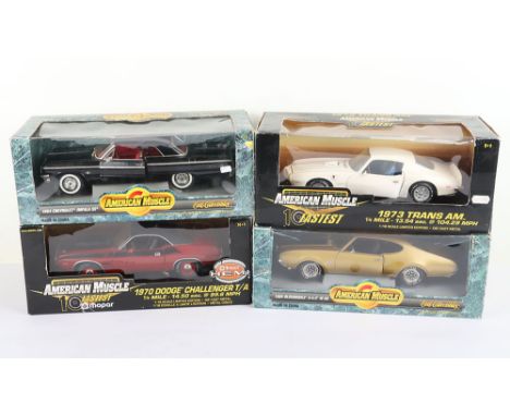Four 1:18 Scale Die Cast Metal Cars boxed, Including American Muscle 10 Fastest 1970 Dodge Challenger T/A Ertl, American Musc
