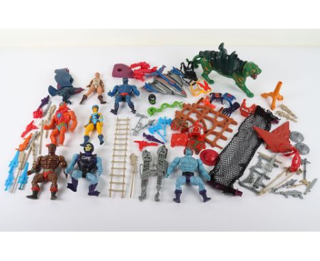 Vintage 80s Masters of the Universe Motu action figures, weapons, accessories, vehicle and playset parts, Mattel, including, 