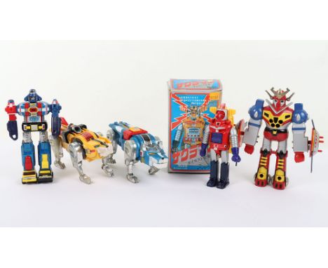 Vintage Japanese Die Cast loose and boxed Robots, Voltron action figures, 70s and 80s.  Zincron Mekanda Marukai Trading Co. S