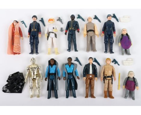 Thirteen loose Vintage Star Wars Kenner action figures, play wear, Twelve complete, cannot guarantee weapons.  Leia Bespin wi