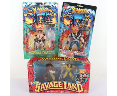 Three Marvel Toy Biz  90s X-Men cartoon Wolverine action figures carded boxed, Including, Steel Brigade Wolverine Patch, Sava