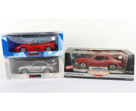 Three 1:18 Scale Die Cast Metal Cars boxed, Including 1970 Chevelle SS454 LS6 Collectors Edition American Muscle by Ertl,  Po