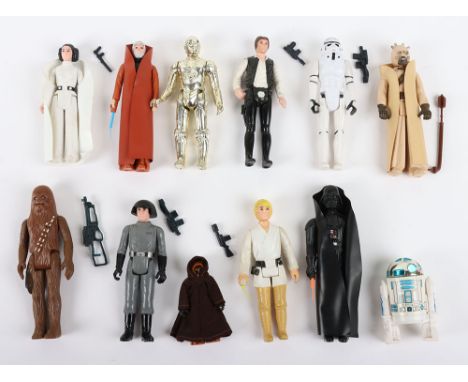 Vintage Star Wars First Twelve loose action figures Kenner, including Stormtrooper, Luke Farmboy, Darth Vader, Chewbacca, Jaw