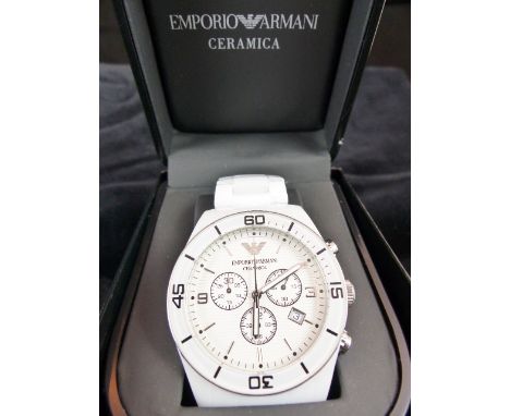 Gents Emporio Armani Ceramica ceramic chronograph wristwatch. Featuring white multi-dial face with date function. RRP £499