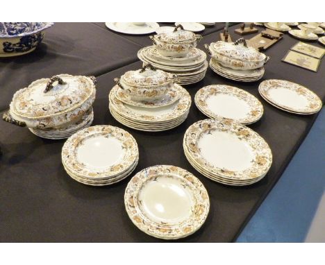 Albany design Victoria dinnerware including tureens and ladles, maker K&Co, brown orange and black floral design