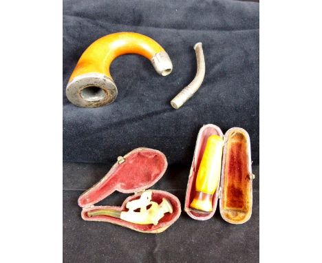 Meerschaum silver mounted pipe, a smaller meersham pipe with case and a meersham cigarette holder in original case