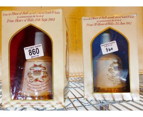 Two 50cl ceramic decanters Commemorating birth of Prince Harry and Prince William, both in original boxes Bells whisky