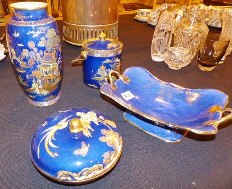 Four pieces of Carltonware blue ground chinoisserie design china three enamelled jewelling