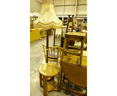 Circular oak two tier side table, elm stool and a standard lamp