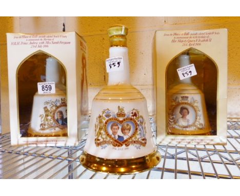Three ceramic decanters of Commemorative Bells Scotch Whiskey, mixed Royal events