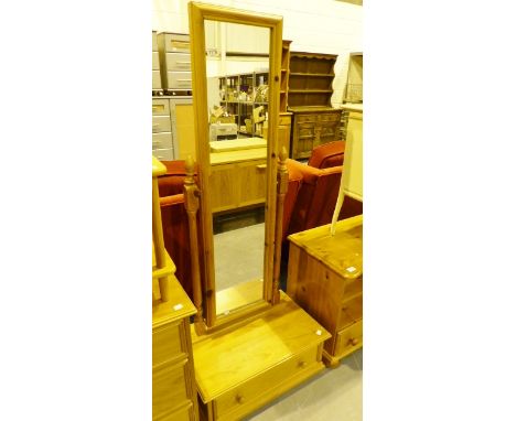 Pine cheval mirror with drawer to base