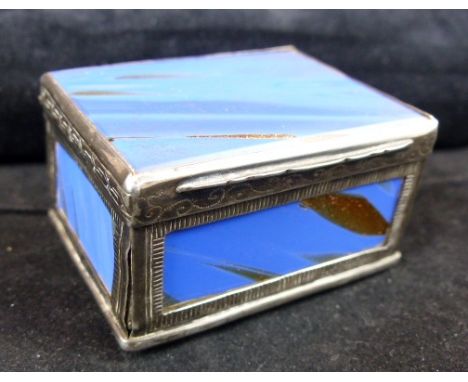 Unmarked (probably silver) edged box with blue ceramic panels streaked with gold