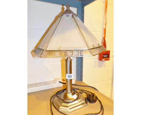 Chromium pillared desk lamp with glass and metal shade