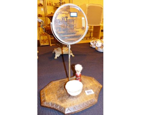 Gents antique shaving stand, mirror on oak carved base and non assosciated gloss crested ware bowl Wallasey. H: 38 cm