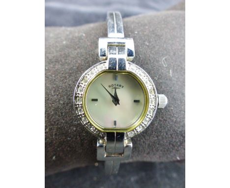 Rotary ladies mother of pearl wristwatch on chrome bracelet.