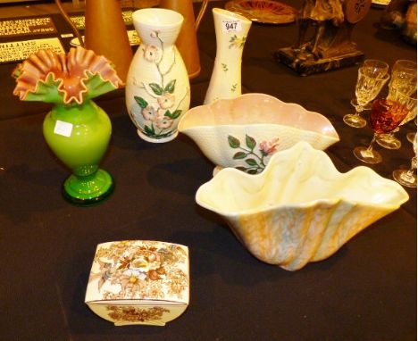 Four pieces of Maling, a Beswick ware marbled planter and a green overlaid glass vase