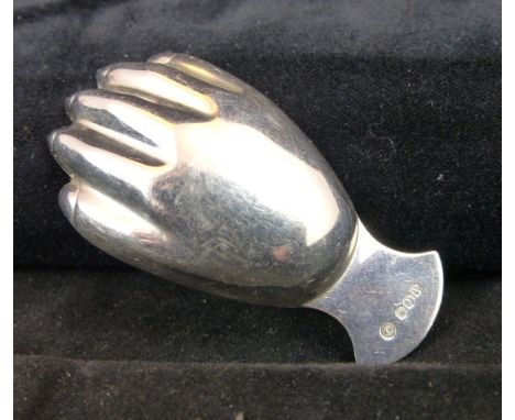 Novelty hallmarked silver caddy spoon in the shape of a hand. Sheffield 1966