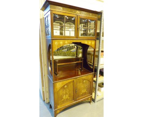 Inlaid mahogany Arts and Crafts cabinet with upper convex glazed top, bevelled mirror and inlaid cupboard to base. 91 x 176 x