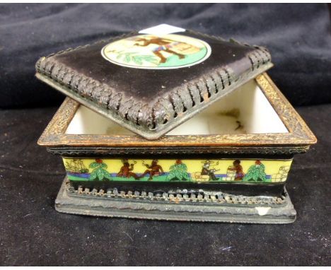 c19thC continental ceramic metal mounted tobacco box, A/F