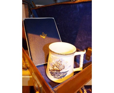 Vintage leather briefcase monogramed HP and a vintage ceramic mug