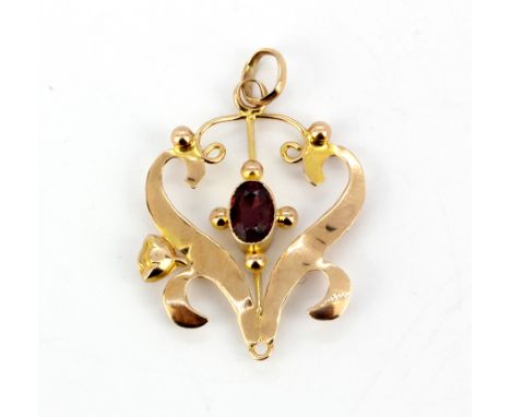 An Art Nouveau 9ct yellow gold amethyst set pendant, L. 3.2cm.