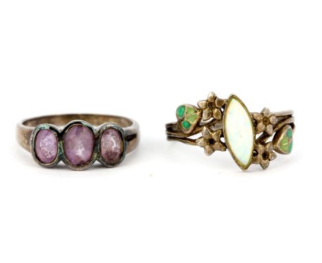 A 925 silver and enamel opal set ring (S), together with a white metal amethyst set ring, (R.5).